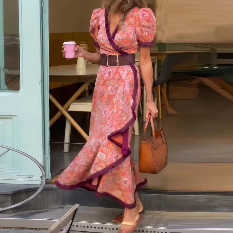 V-Neck Puff Sleeve Maxi Dress – Boho Summer Style