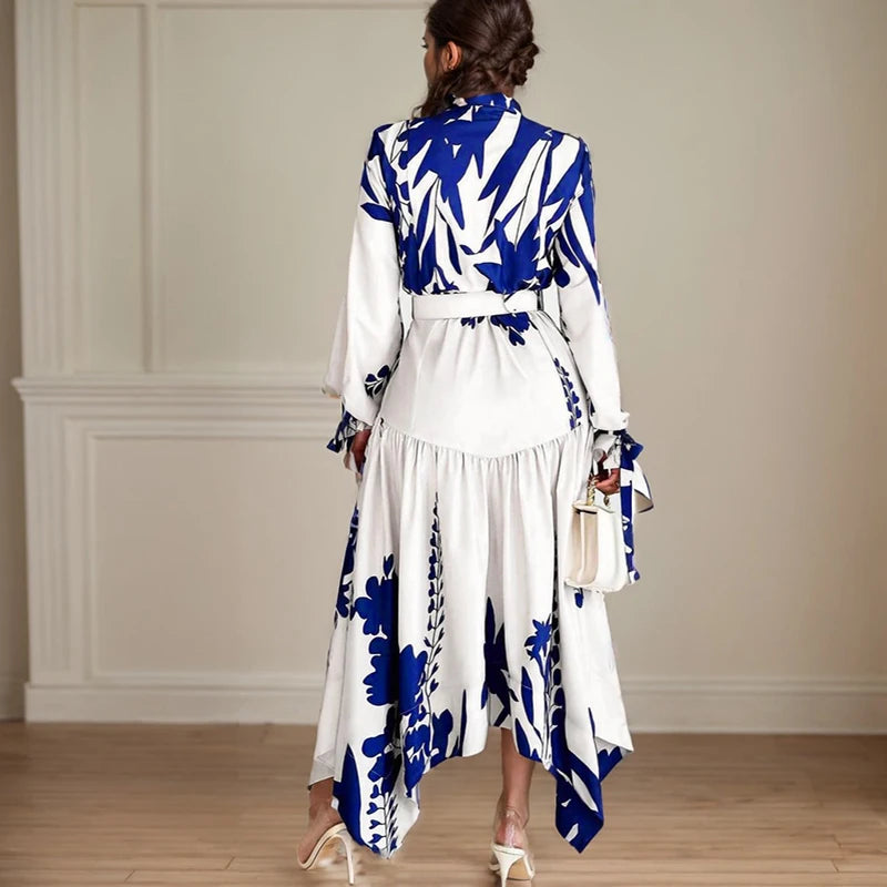 Turn-Down Collar Belted Long Sleeve Midi Dress