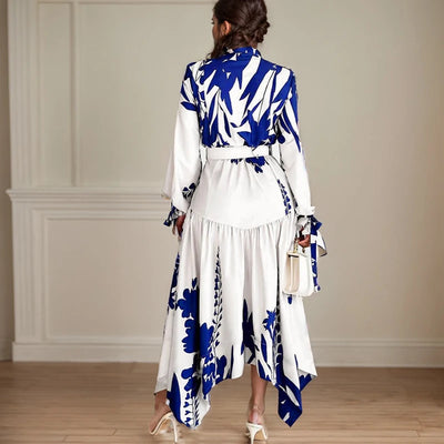 Turn-Down Collar Belted Long Sleeve Midi Dress