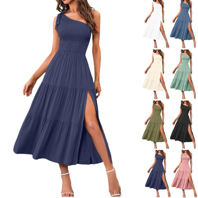 One Shoulder Smocked Midi Dress – Casual Summer