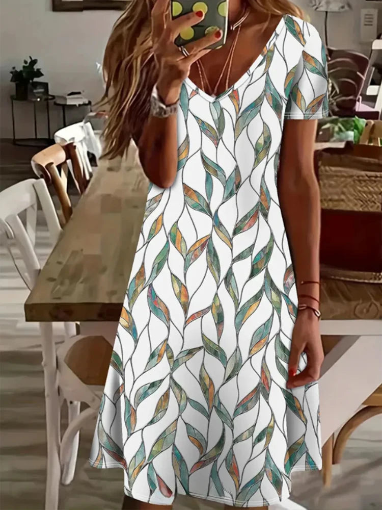 V-Neck Printed Short Dress – Summer Casual & Retro